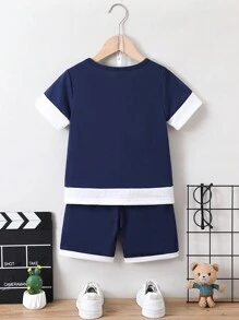 SHEIN Young Boy Casual Knitted 2pcs/Set, Letter Printed Short-Sleeved T-Shirt And Shorts, Summer - Royal Blue - View 2
