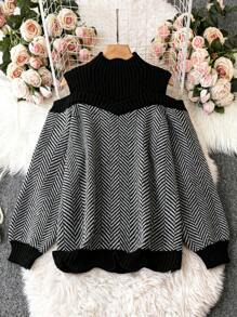 SHEIN LUNE 大码女式露肩灯笼袖套头毛衣针织衫秋冬款 - 黑與白 - 查看 1