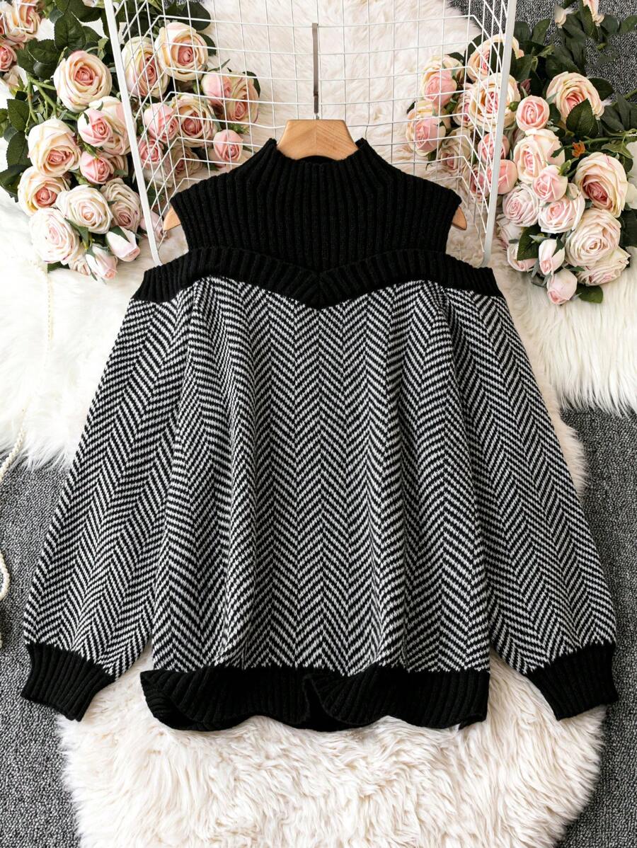 SHEIN LUNE 大码女式露肩灯笼袖套头毛衣针织衫秋冬款 - 黑與白 - 查看 1