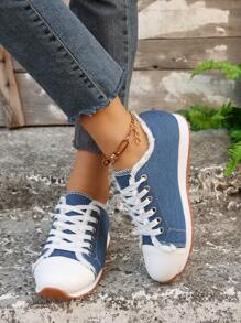 Zapatos Deportivos Informales Para Mujer De Denim Con Cordones, Calzado Para Mujer
