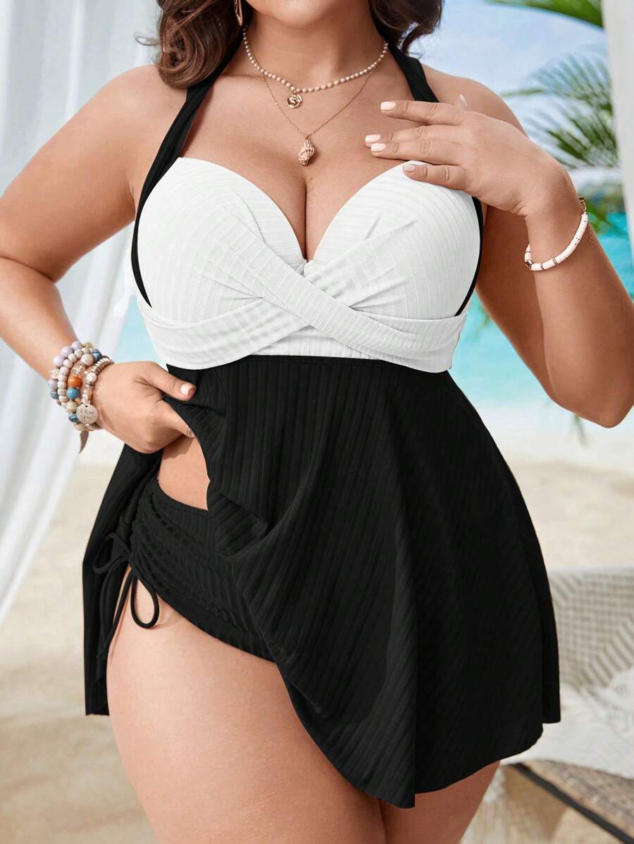 Swim Lushoire Summer Beach Plus Size Women's Color-Block Criss-Cross Bikini Set