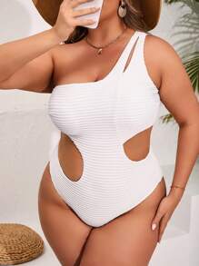 SHEIN Swim Curve Plus Size Women's Solid Color Hollow-Out Waist Asymmetrical Neck Sleeveless One Piece Swimsuit, For Summer Beach Vacation