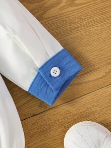 Conjunto para bebé niño de estilo británico de contrastes de color con body de manga larga con botón y abertura, lindo, casual, simple y moda para primavera y verano - Multicolor - Ver 6
