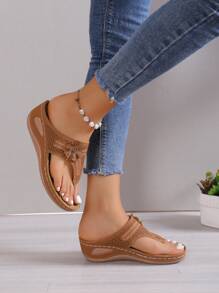 Women's Hollow Floral Platform Slipper, Open Toe Hollow Wedge Beach Sandals,Spring Summer Outfits - Brown - View 5