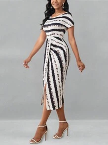 SHEIN Unity Women's Slim Fit Geometric Pattern Dress Maxi Women Outfit - Multicolor - View 3