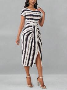 SHEIN Unity Women's Slim Fit Geometric Pattern Dress Maxi Women Outfit - Multicolor - View 4