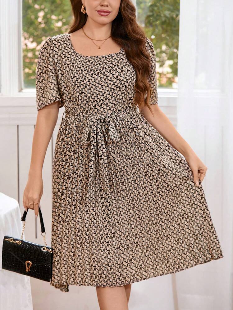 Plus Size Full Printed Square Neckline A-Line Dress With Cinching Waist