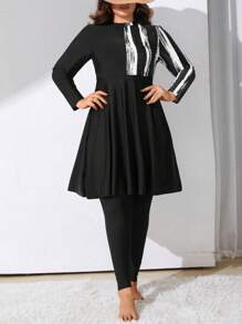 Swim Mulvari Summer Beach Plus Size Women's Brush Print Long Sleeve Tankini, Modest Swimwear