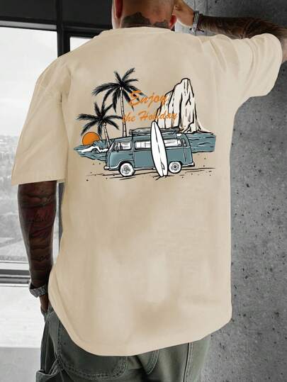 Manfinity RSRT Men Plus Size Loose Beach Vacation Short Sleeve Graphic T-Shirt, Grunge Style