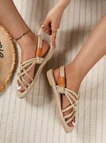 女士平底夏季凉鞋，黄麻鞋底，套穿式，环绕式设计，露趾，舒适，波西米亚风 - 黃色 - 查看 4