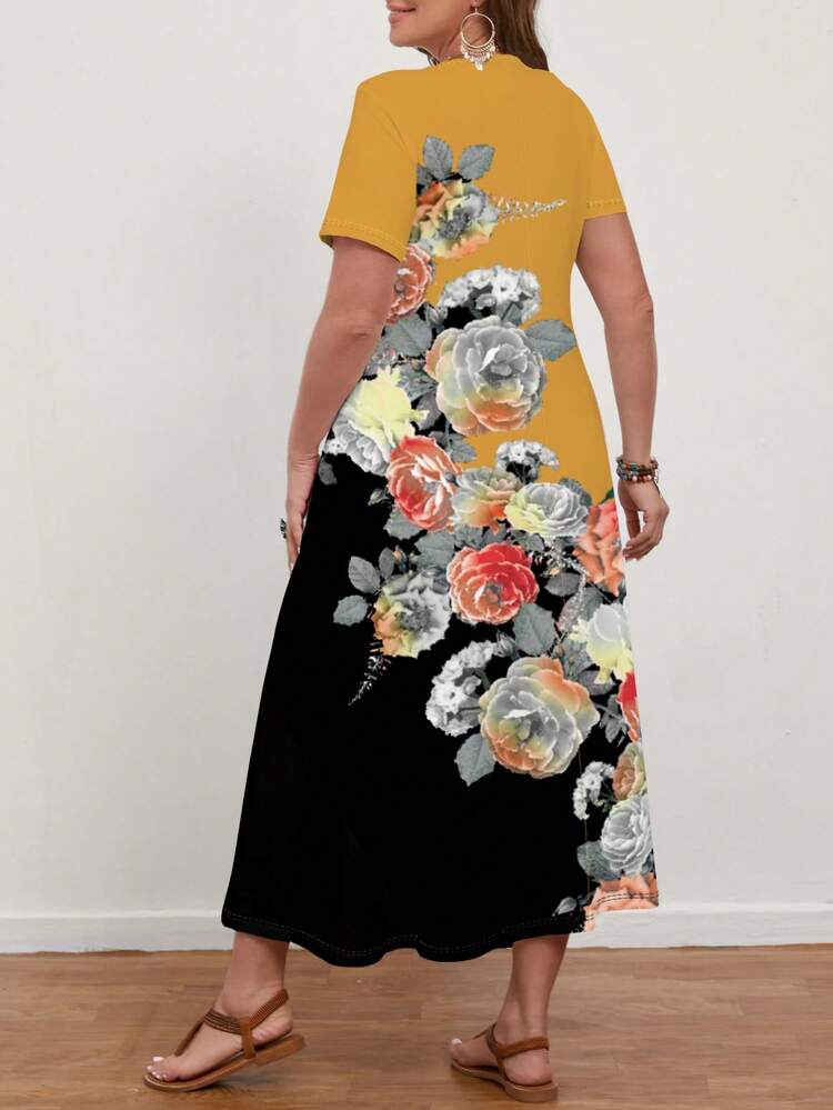 Women Plus Size Rose Flower Printed Short Sleeve Long Dress, Summer,Beach Dress Sundress,Holiday Outfits Boho