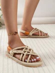女士平底夏季凉鞋，黄麻鞋底，套穿式，环绕式设计，露趾，舒适，波西米亚风 - 黃色 - 查看 5