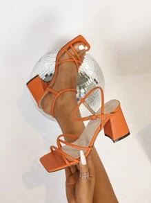 時尚新款女式方頭粗跟涼鞋,桔色紮帶高跟涼鞋 - 橘色 - 查看 3