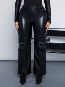 SHEIN SXY 女式 Pu 工裝褲（附口袋） - 黑色 - 查看 1