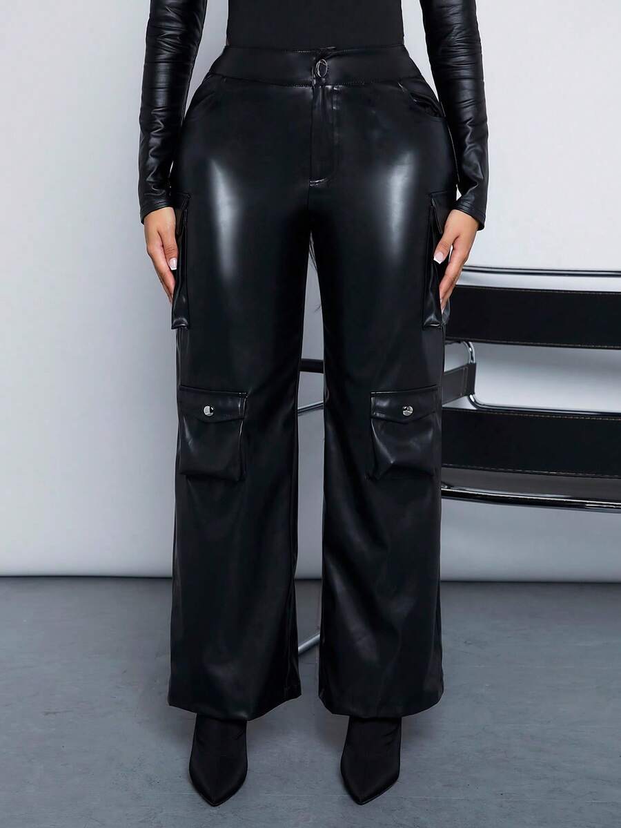 SHEIN SXY 女式 Pu 工裝褲（附口袋） - 黑色 - 查看 1