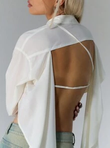 MUSERA Camisa corta con espalda descubierta, estilo casual para vacaciones, primavera y verano, festivales - Blanco - Ver 4