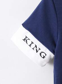 SHEIN Young Boy Casual Knitted 2pcs/Set, Letter Printed Short-Sleeved T-Shirt And Shorts, Summer - Royal Blue - View 5