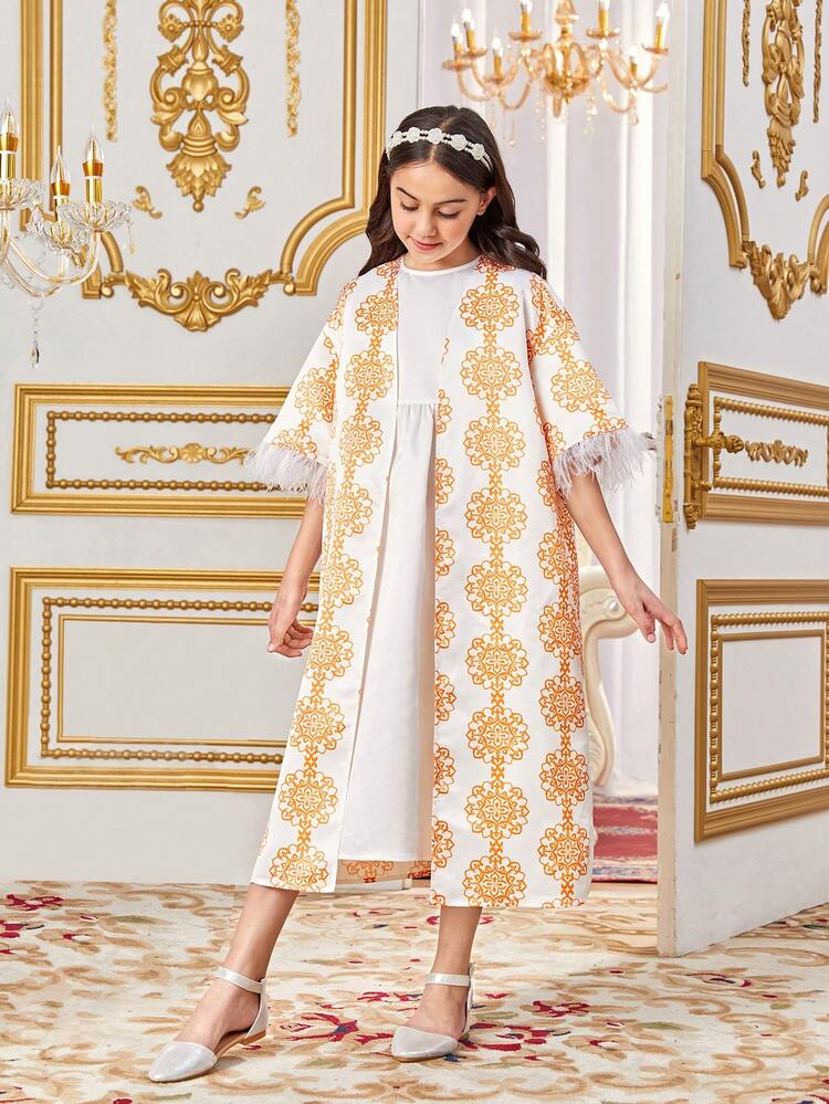 Tween Girls' Loose-Fit Vintage Printed Dress Set (2pcs)