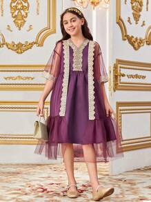 SHEIN Tween Girl Loose Cute Contrast Color Embroidered Mesh Jacket With Applique & V-Neck Dress Two Pieces Set - Purple - View 1