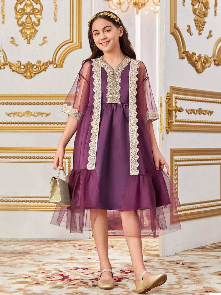 Tween Girl Loose Cute Contrast Color Embroidered Mesh Jacket With Applique & V-Neck Dress Two Pieces Set