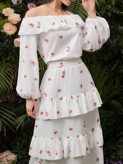 Seusyu 女士荷叶边灯笼袖上衣，荷叶边下摆和分层裙子两件套 2 件套