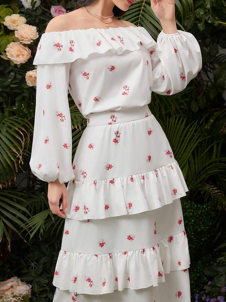 Women Ruffle Lantern Sleeve Top With Ruffled Hem And Tiered Skirt Two-Piece Set 2 Pieces Set