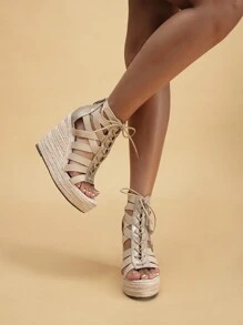 Wedge Heel & Waterproof Platform & Jute Gladiator Sandals - Gold - View 3