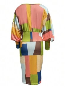 撞色前交叉燈籠袖洋裝 - 彩色 - 查看 2