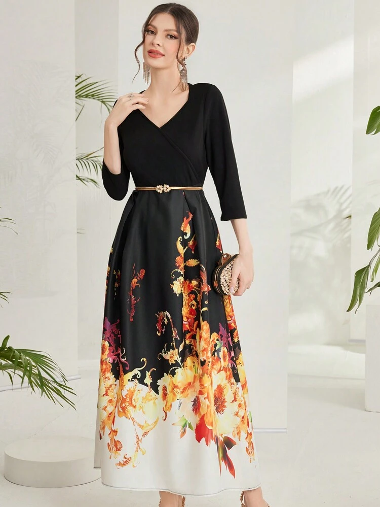 Women's Floral Printed V-Neck Dress Long Evening Dresses