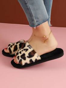 Ladies' Fashionable Leopard Print Fuzzy Bedroom Slippers, Beige