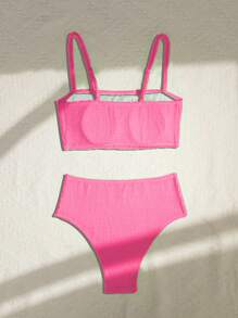 SHEIN Swim Họa Tiết Màu Trơn Bộ Bikini Hai Mảnh, Bộ Bikini Trang Phục Đồ Bơi Đi Biển Bộ Đồ Tắm Mùa Hè, Bãi Biển Mùa Hè - Màu Hồng Tươi - Xem 2