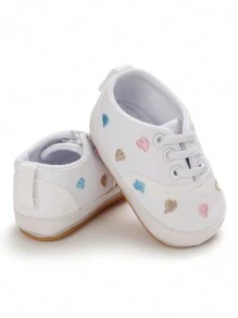 1pair White Embroidered Heart Infant Shoes With Rubber Anti-Slip Sole - White - View 1