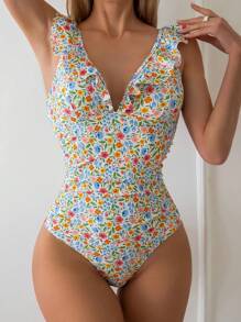 Swim Mod Summer Beach Floral Print Ruffle One-Piece Swimsuit With Decorative Edge - Multicolor - View 3