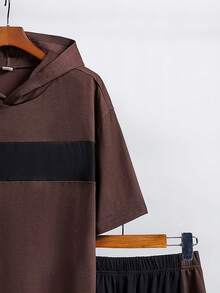 SHEIN 2pcs/Set Teen Boy Casual Sports Style Oversized Color Block Short Sleeve Hooded T-Shirt And Sport Shorts Knit Set, Spring/Summer