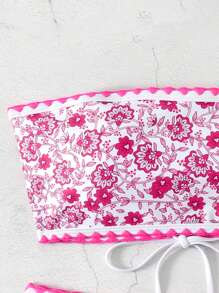 SHEIN Swim Conjunto de bikini estampado floral sin tirantes para mujer, estampado aleatorio, traje de baño de dos piezas tipo bandeau, atuendo de playa de vacaciones de verano