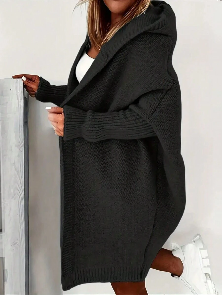 Casual Loose Solid Color Hooded Knit Cardigan Black Fall - Black - View 1