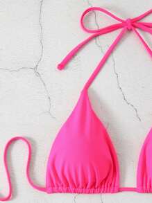Swim Basics Solid Color V-Neck Halter Bikini Set, Beach Outfit Bathing Suit Summer,Summer Beach - Hot Pink - View 4