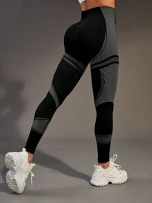 Gameset SHEIN Sport 女款撞色条纹无缝高腰运动紧身裤瑜伽裤 - 彩色 - 查看 5
