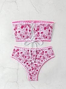 SHEIN Swim Conjunto de bikini estampado floral sin tirantes para mujer, estampado aleatorio, traje de baño de dos piezas tipo bandeau, atuendo de playa de vacaciones de verano