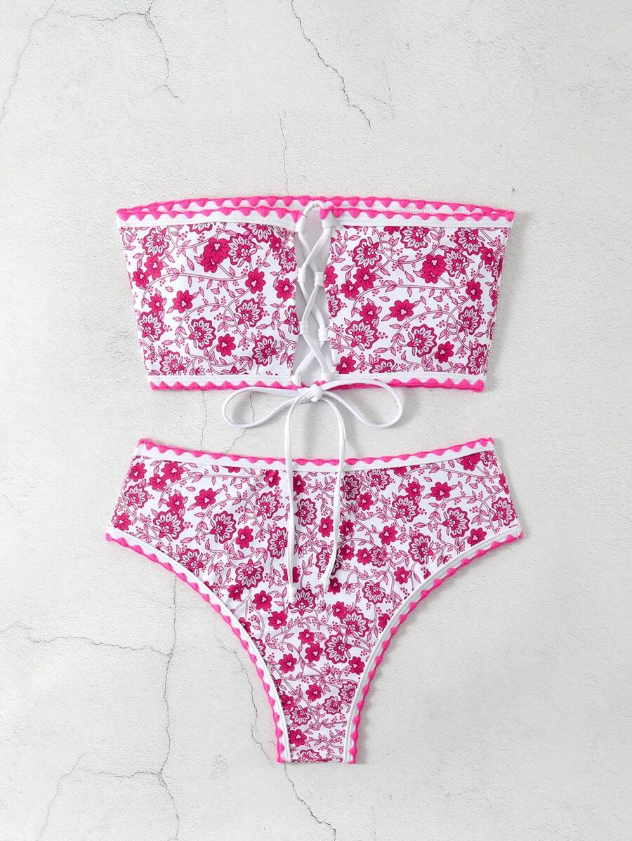 SHEIN Swim 女士花卉印花无肩带比基尼套装,随机印花,抹胸两件套泳衣泳装沙滩装夏季度假,夏季海滩 - 粉色 - 查看 1