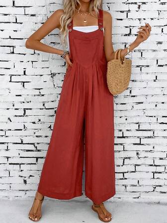 Solid Casual Sleeveless Loose Overalls Jumpsuit