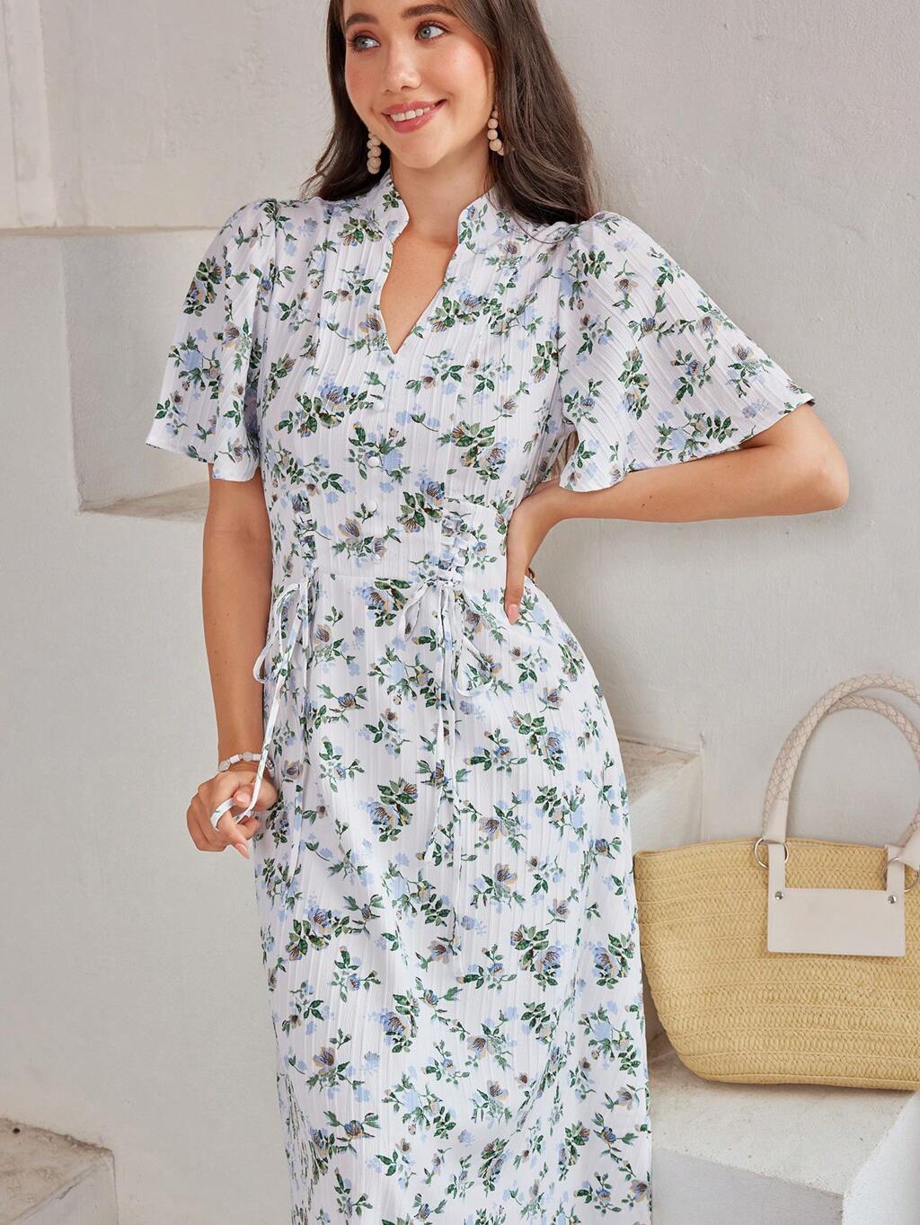 Women's Notched Collar Short Sleeve Floral Print A-Line Dress With Bell Sleeves