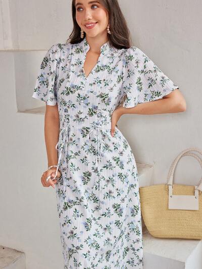 Women's Notched Collar Short Sleeve Floral Print A-Line Dress With Bell Sleeves