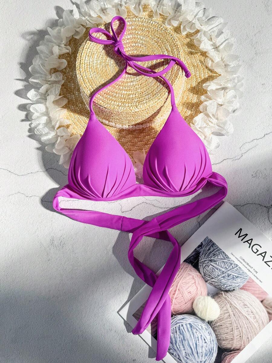 SHEIN Swim 純色露背綁帶加強版泳衣上衣,單品 - 紫色 - 查看 1