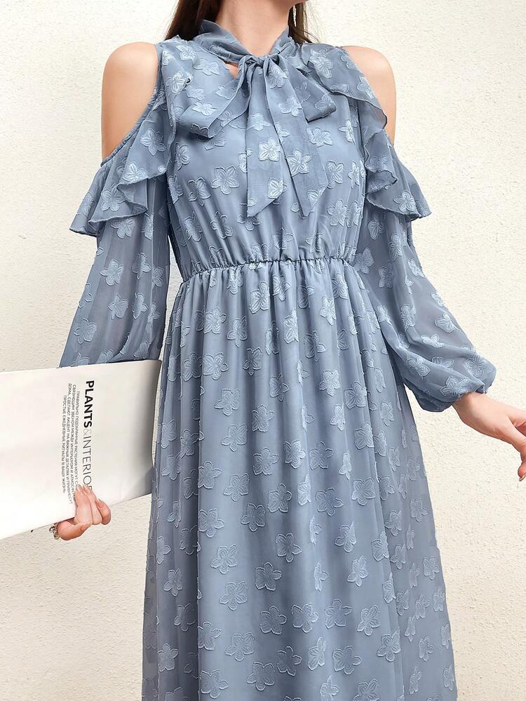 Open Shoulder Floral Applique Neckline & Tie-Waist Dress Long Evening Dresses