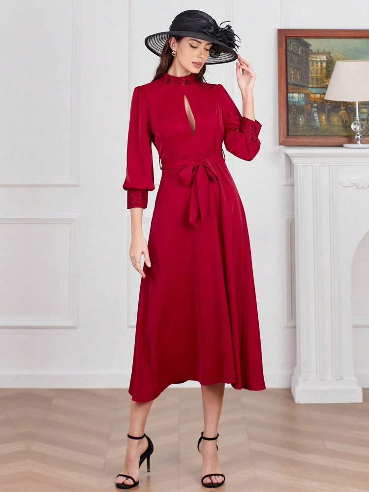 Burgundy Red Women's Stand Collar Hollow Out Puff Long Sleeve Dress