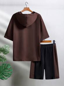 SHEIN 2pcs/Set Teen Boy Casual Sports Style Oversized Color Block Short Sleeve Hooded T-Shirt And Sport Shorts Knit Set, Spring/Summer