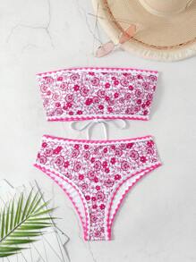 SHEIN Swim Conjunto de bikini estampado floral sin tirantes para mujer, estampado aleatorio, traje de baño de dos piezas tipo bandeau, atuendo de playa de vacaciones de verano