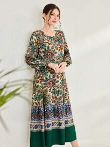 Seusyu 女士花卉印花燈籠袖阿拉伯長袍