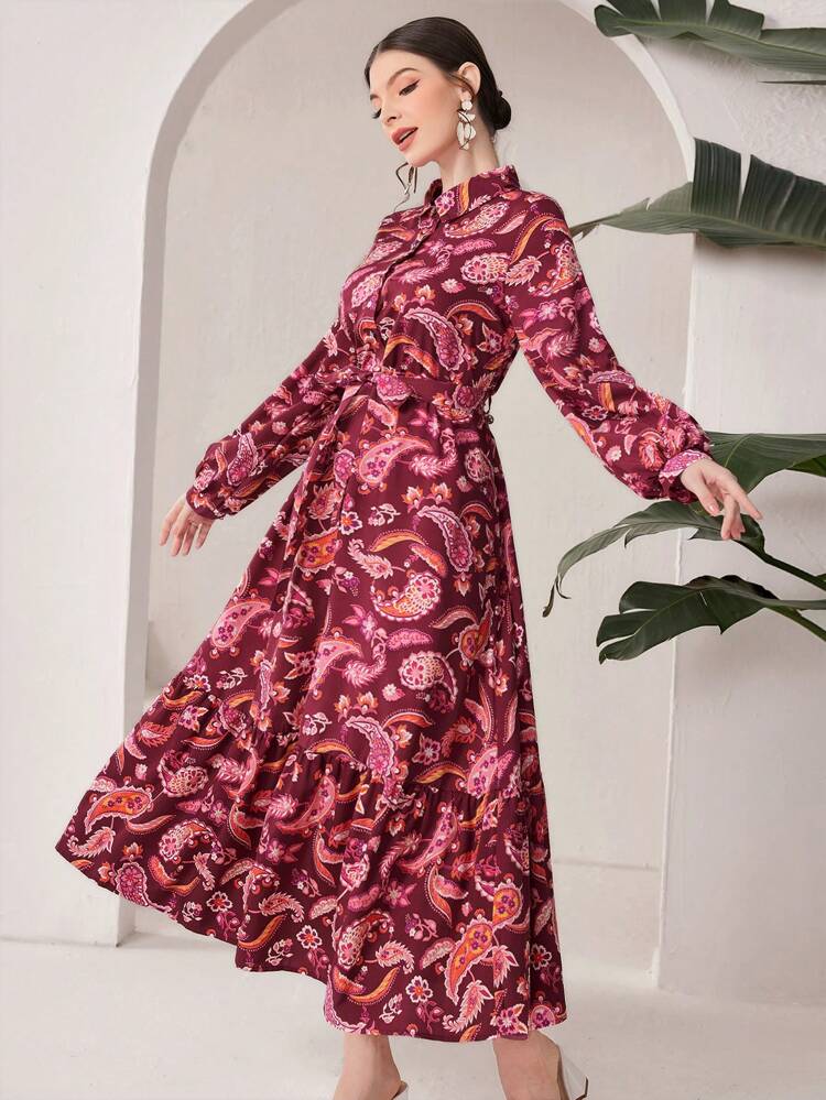 Women'S Lantern Sleeve Dress With Paisley Print